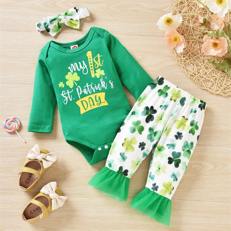 

Best Popular St. Patrick's Day Baby green Clothes Girls 0-1Y Shamrock Print Kid Romper Suit, Red pink brown green