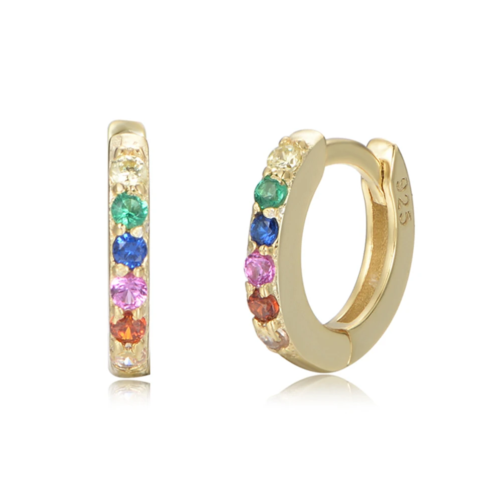 2022 New 925 Sterling Silver gold plated tiny small rainbow multicolor cz hoop huggies earrings