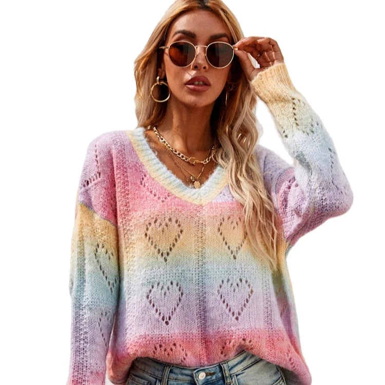 

Korean fall winter women oversized jumper new ladies loose printing rainbow V-neck pullover knit sweater women
