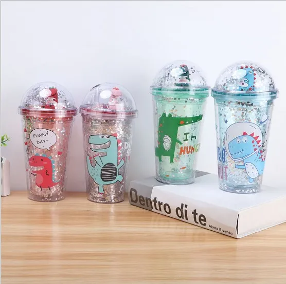 

2021 New Cartoon Plastic Kids Dinosaur Water Bottles Articles of Daily Use With Straw Cup Star Portable Water Bottles, Three colors