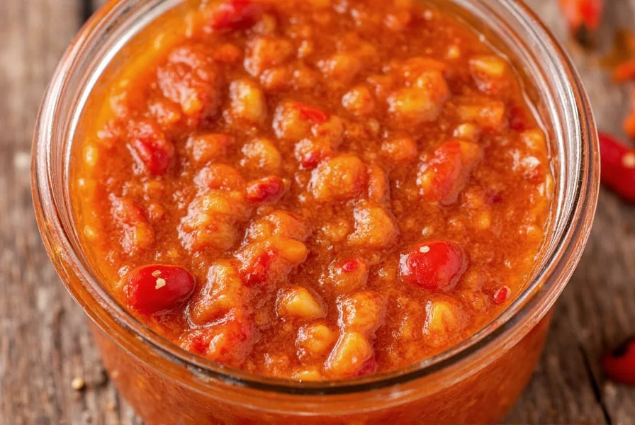 Close-up of homemade chili garlic paste in glass jar showing textured consistency with visible garlic pieces and red chilies