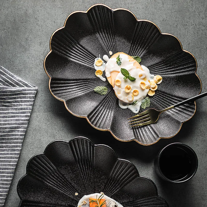 

New design ceramic plate gold rim porcelain plates sets dinnerware dishes dinnerware sets fish dish, Black