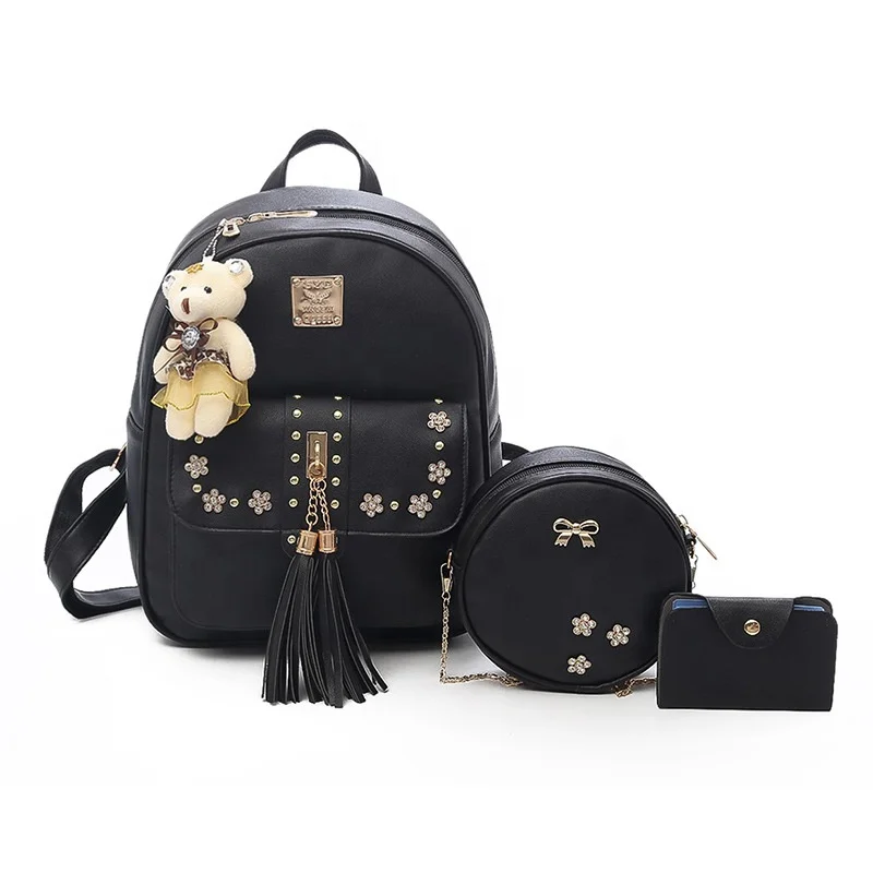 

Fashion Cute Flower Tassel Three-Piece Set Women Backpack, Black,white,pink