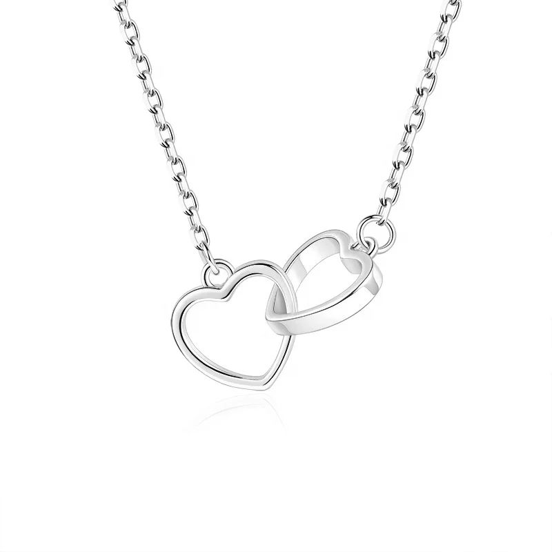 

Customized Wholesale White Mini Rhodium Plated Women Romantic Hollow Double Heart Silver Necklace