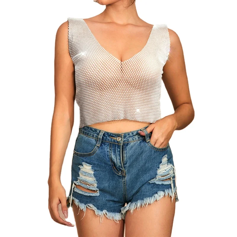 

Ttrendy Sexy Club Women Metal Chain Tanks Tops Night club Halter Deep V-neck Camis Sequins Summer Beach Top