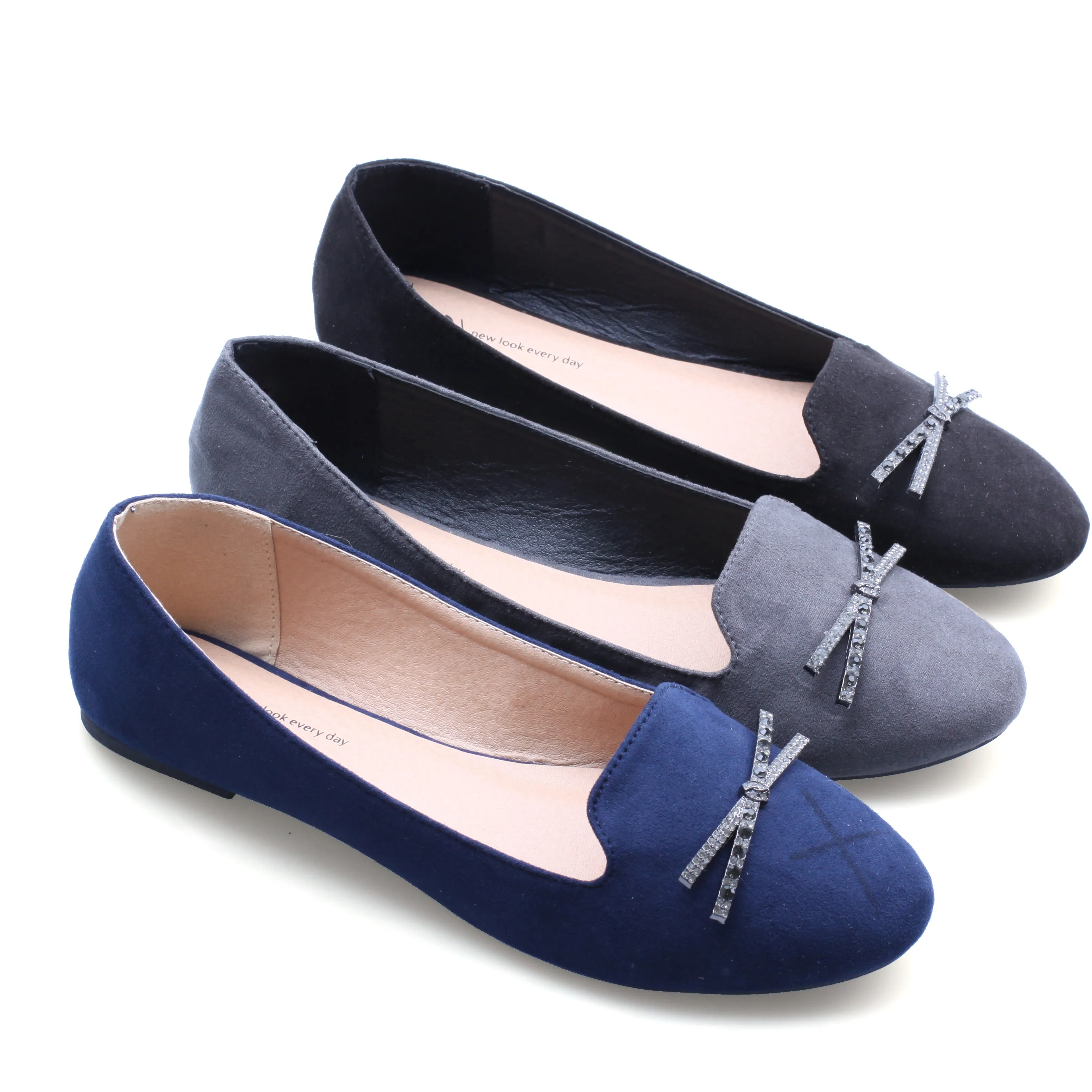

The fashion flat shoes jewelry buckle microfiber upper slip on soft insole women causal shoes, Black/grey/navy
