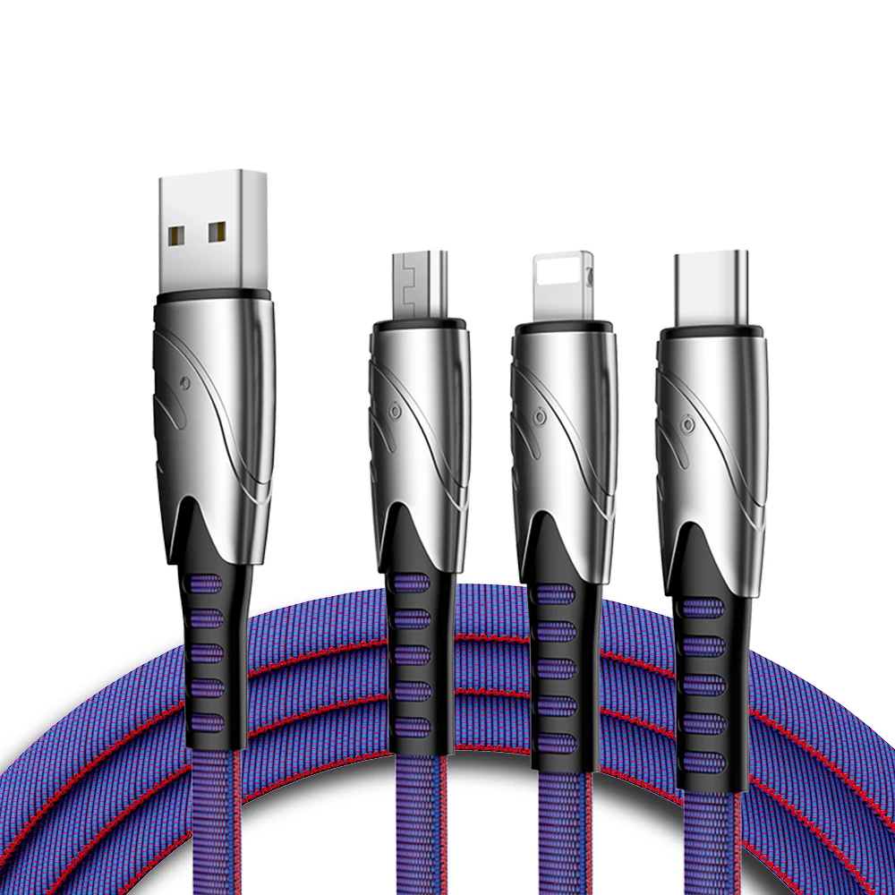 

New arrival 3A Multi-Interface Data Cable Mobile Phone Charger Hot Alloy Braided Micro USB C-Type 3 in 1 USB Charging Cable, Black red blue