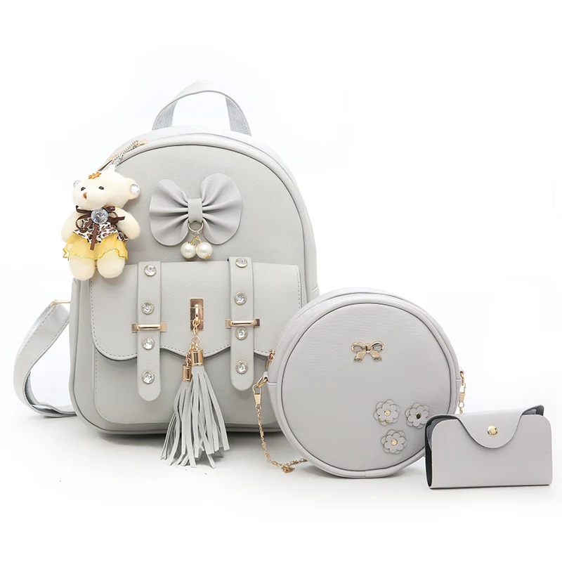 

Leather Belt Decoration Cute Bear Latest Trendy Modern PU Leather School Backpacks Bag Packs For Girls Women, As showed