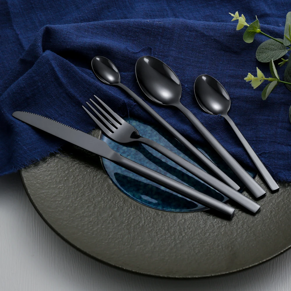 

Custom logo Restaurant Dinnerware Luxury Wedding Flatware Set Stainless Steel black Cutlery Set with Square handle