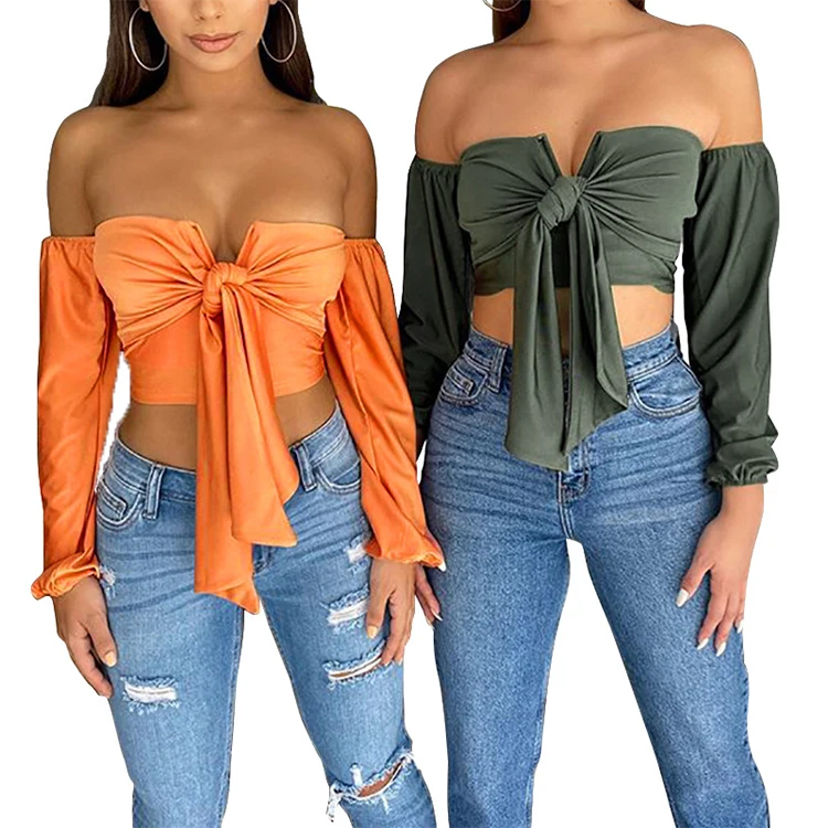 

Summer Fashion Off Shoulder Long Sleeves Sexy Crop Top Tie Up Female Shirts Women Blouse, Orange / army green