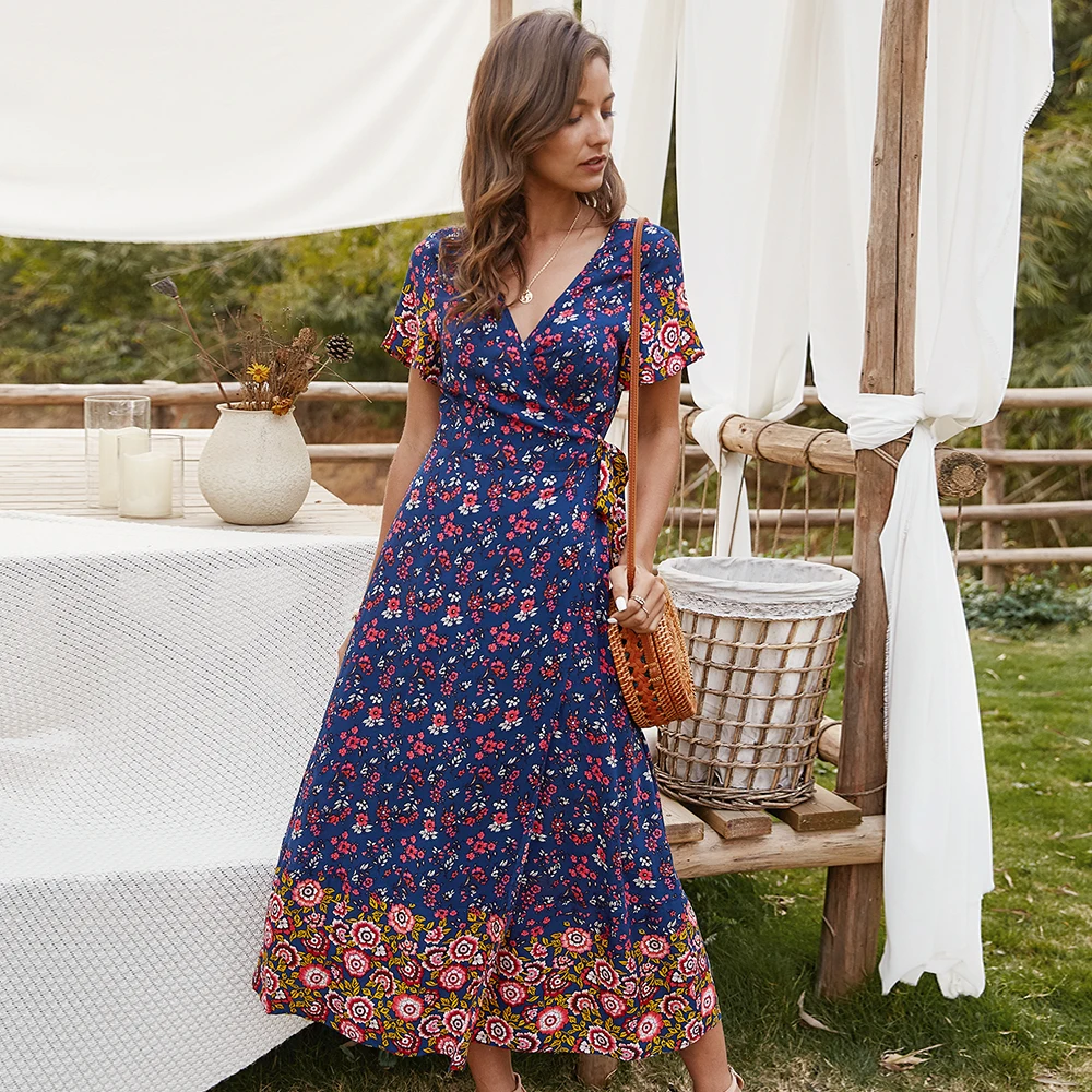 

Women's Summer New Bohemian Floral Dress Fashion Print Short Sleeve Casual V-neck High Waist Dress, As show