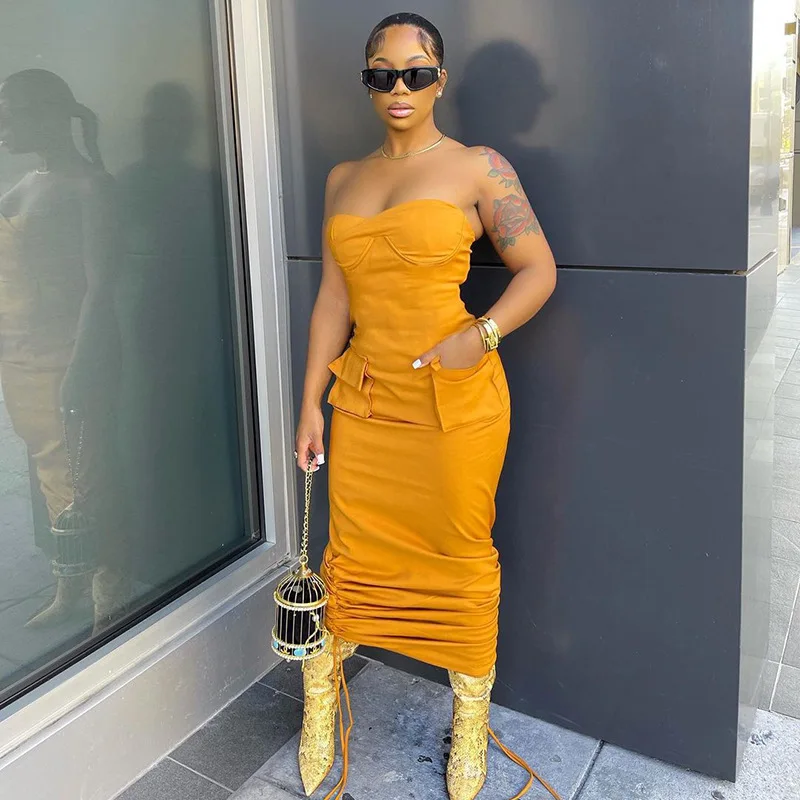 

C0703 2022 spring new pure color casual tube top party dress drawstring slim woman dresses formal elegant party