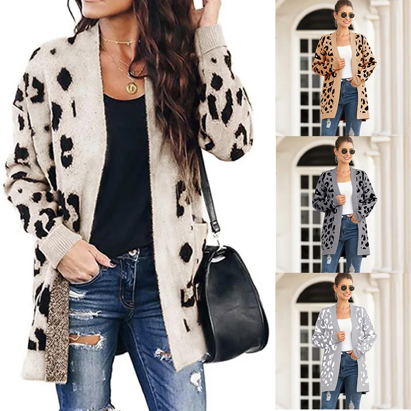 

2021 Hot Style Manufacturer Fall Winter Casual Leopard Knit Maxi Mid Long Cardigan Sweaters For Woman