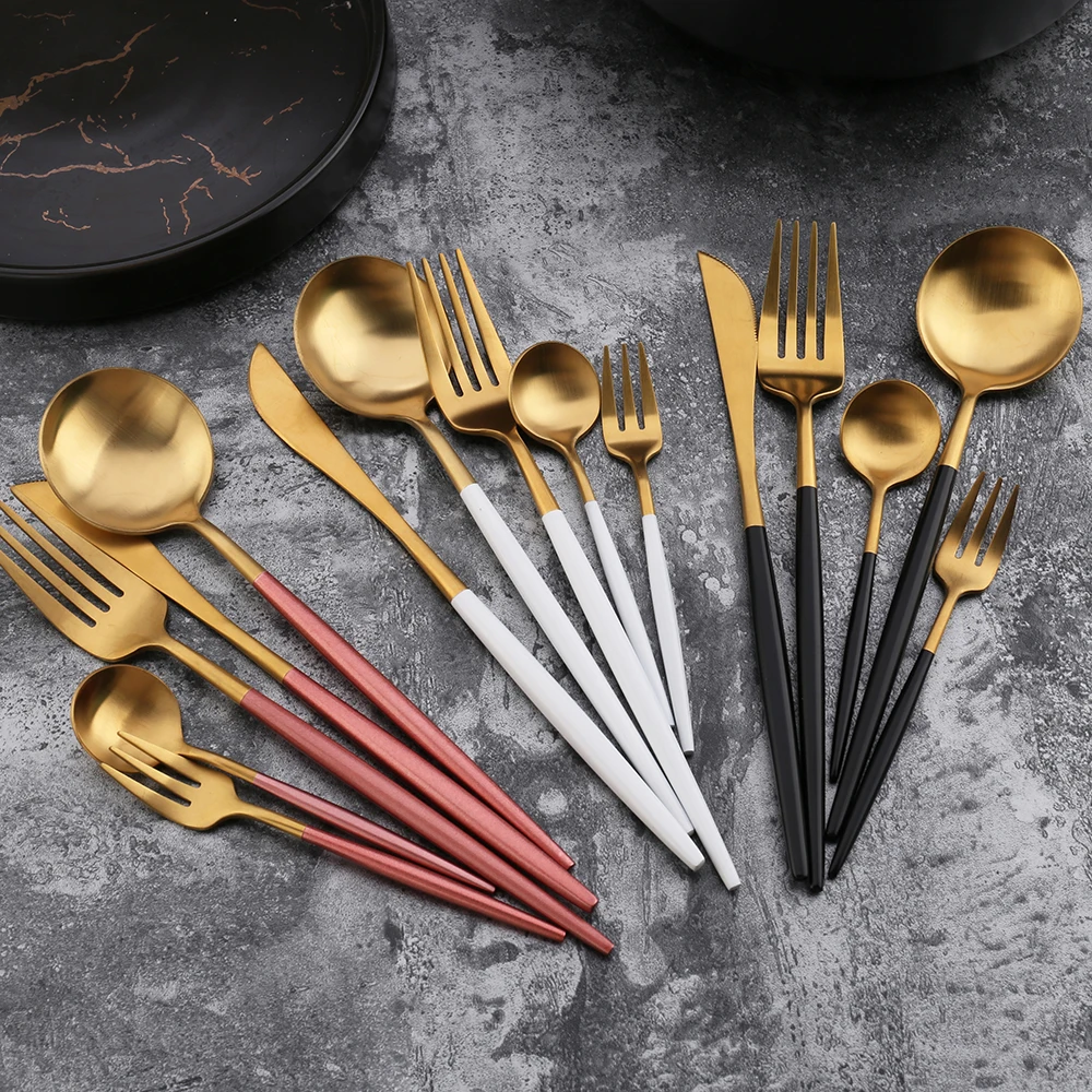 

Wholesale high quality 4 piece cutlery set sanding polishing gold black cutlery set dinnerware fork and knife set, Various colors are available