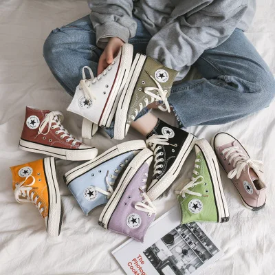 

Spring ins three times vulcanization 1970s canvas couple korean student fashion high top casual board shoes for men women