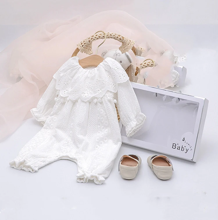 

Newborn cute floral ruffle baby flutter sleeve rompers 3 months baby cotton girl clothes romper set, White