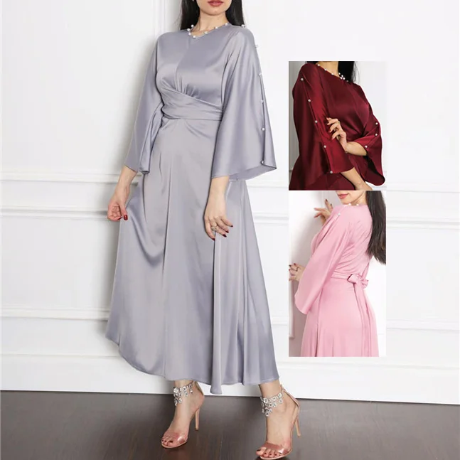 

Ramadan Middle East Woman Dubai High Quality Satin Lotus Sleeve Maxi Dress Pearl Caftan Muslim Abaya with Free Belt, 3 color in stock also accept customized color