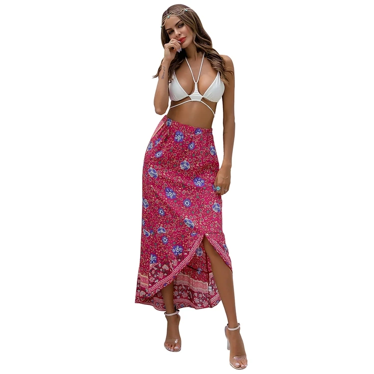 

Summer bohemian casual women's elastic waist floral super long hippie split hem long skirt