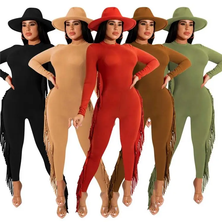 

Womens Clothing 2021 Long Sleeve Jumpsuits For Women Playsuit Bodysuits Slim Tassel Rompers Women One Piece Jumpsuit