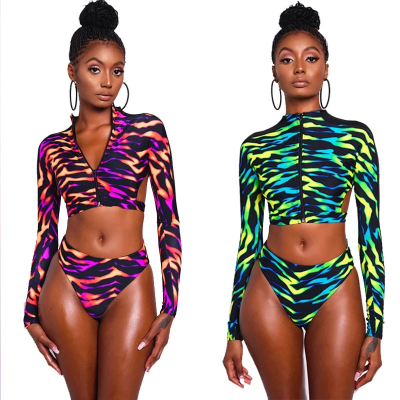 

Long Sleeve Swimsuits for Women Two Pieces Padded Swimwear Backless Female African Print Bathing Suits