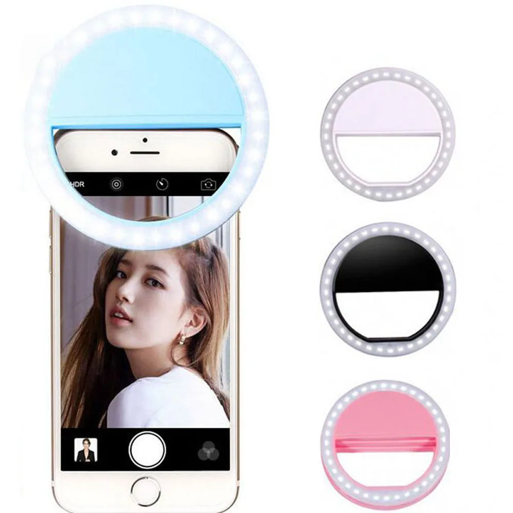 

Portable LED Selfie Light Ring Flash USB LED Mobile Phone Light Clip Lamp Ring For iPhone, White/black/blue/pink