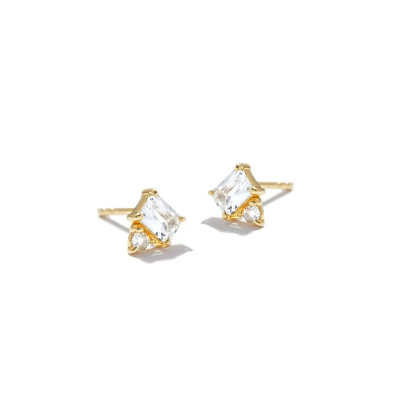 

Rectangular white green blue diamond studs for women mini gold plated S925 silver stud earrings