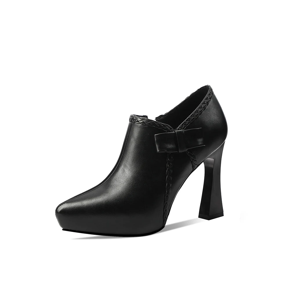 

Black Bow Decorate Zip Waterproof Elegant Lady Chunky Leather Heels