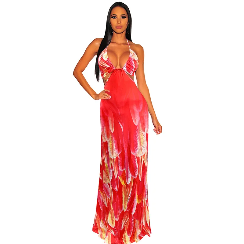 

Women's fashion sexy feathered print long skirt with halter and deep V dress