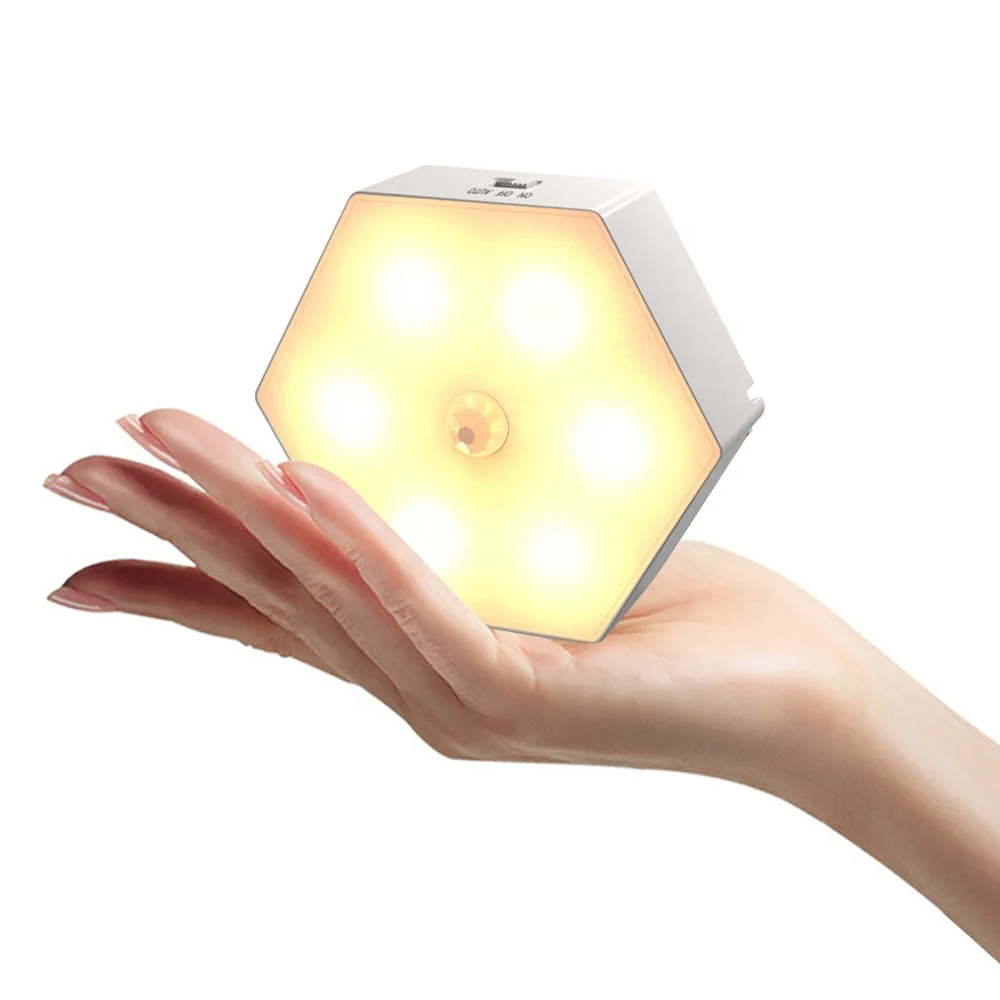 USB Charger or Battery Operated Body Induction Bedside Lamp Eye Protective 6 Led Sensor Motion torch light hexagon Night Light