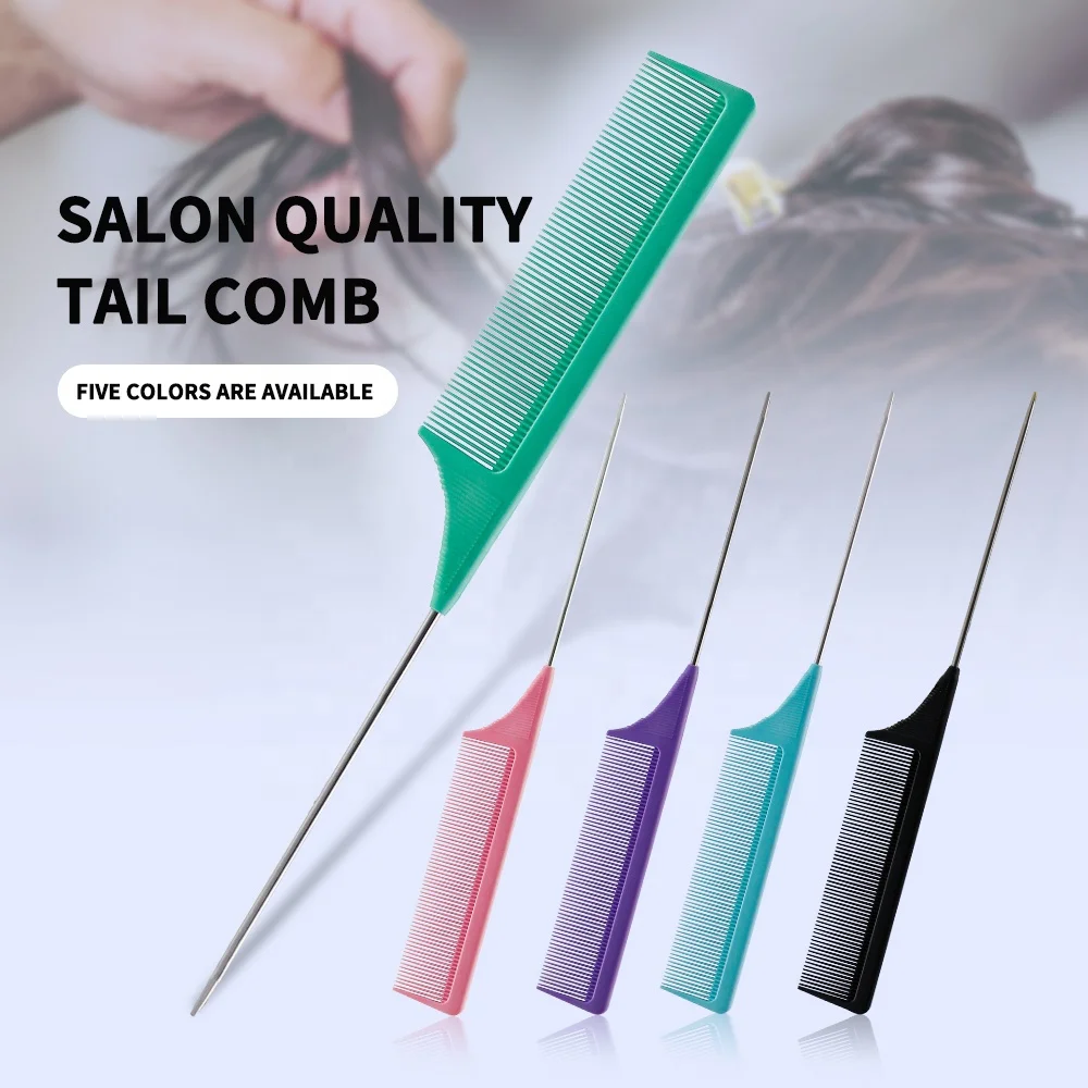 

5 Colors Rat Tail Comb Steel Pin Rat Tail Carbon Fiber Heat Resistant Teasing Combs with Stainless Steel Pintail