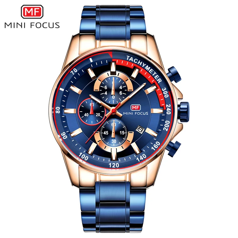 

MINI FOCUS MF0218G hot sell blue man quartz watch potty steel band 3 dials date display Simple business relogio musculino