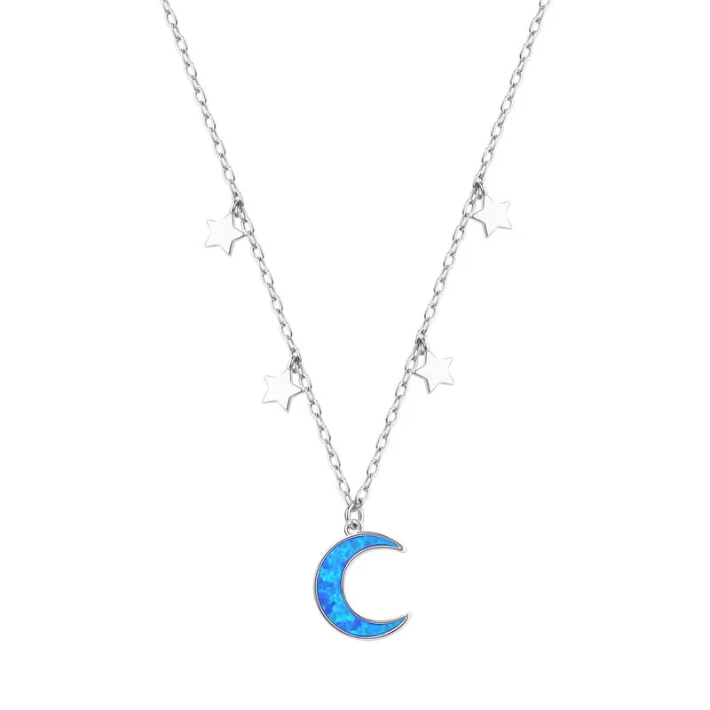 

European and American simple opal star moon necklace custom jewelry necklace dainty jewelry necklace, Silver color