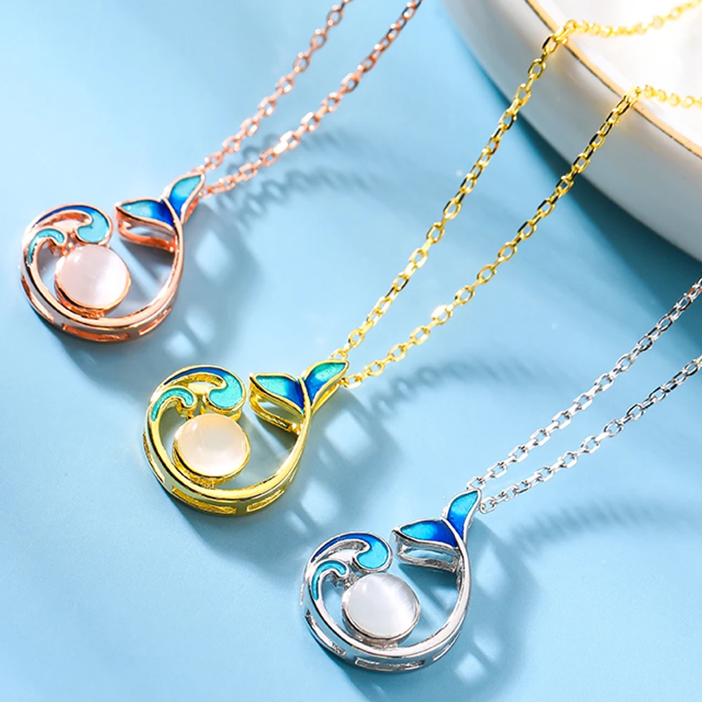 

Latest New Design 925 Sterling Silver Jewelry Moon Stone Enamel Women Fish Pendant Necklace For Girl Lady