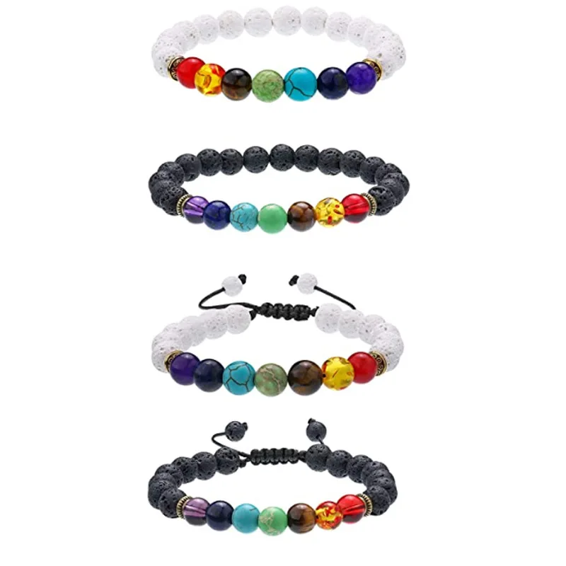 

Handmade 4 pieces of fused rock bracelet, 7-chakra couple suit bracelet, adjustable hand rope knitting