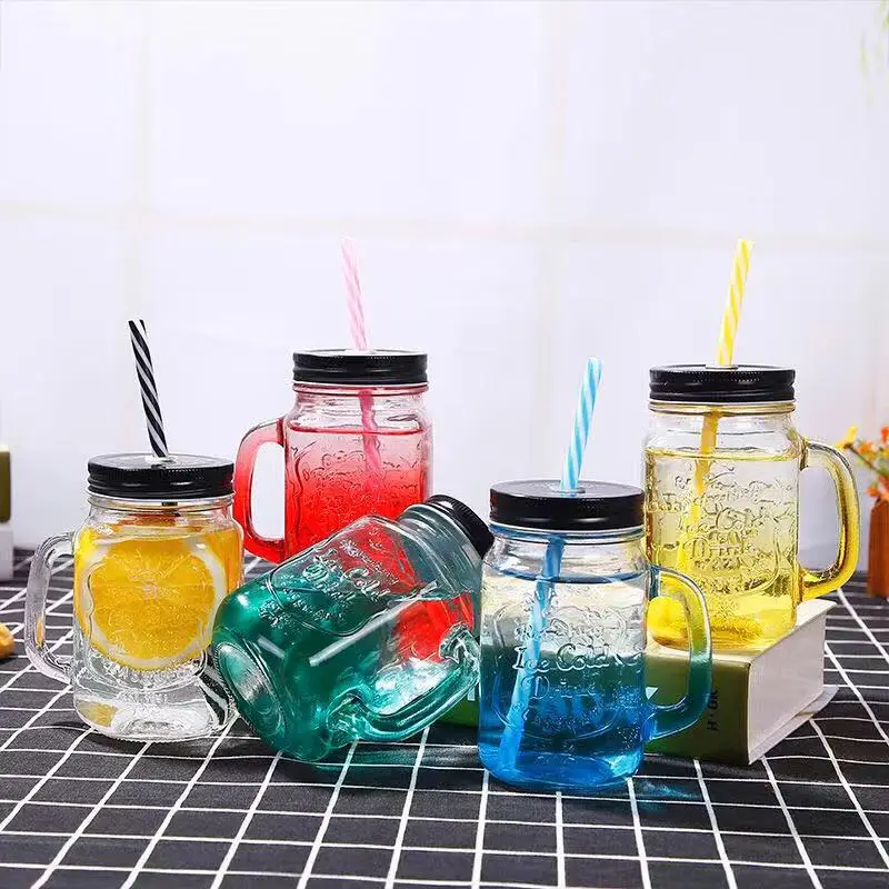 

A3322 Cold Drinking Handle Jars Gifts Transparent Beverage Juice Bottle With Lid Water Cup Mug Glass Storage Mason Jar