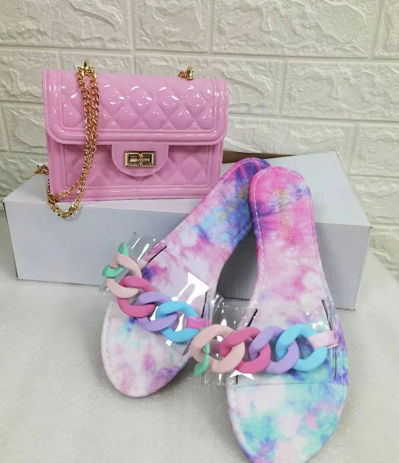 

Free Shipping EVAWANNA Clear Handbag And Slides Shoe Match Women's Sandals Set, Customizable
