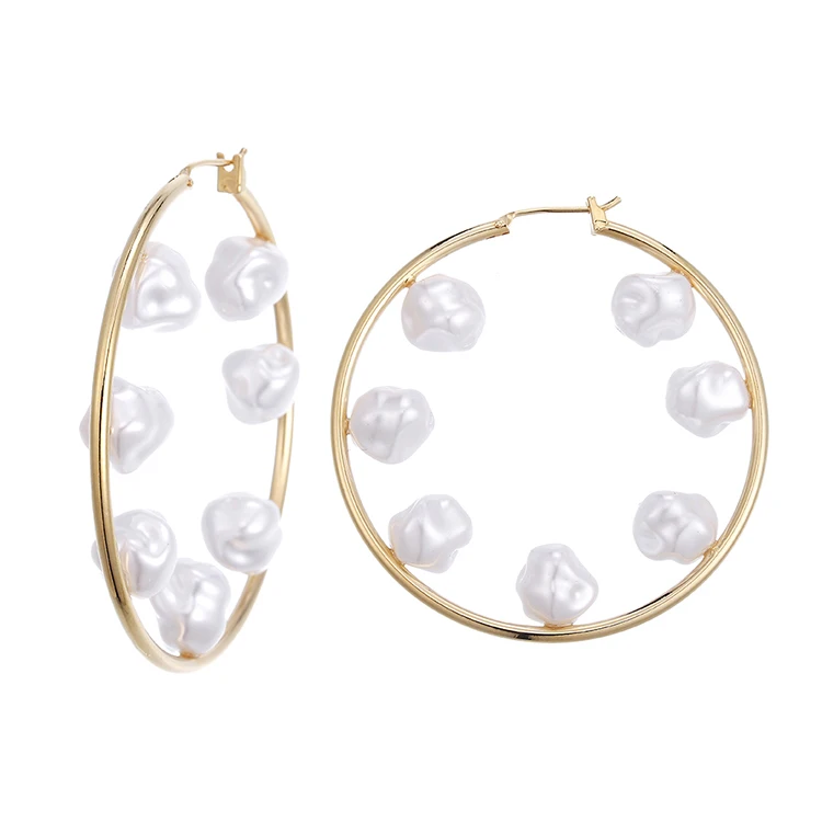 

Fashion 18K Real Gold Plated Women Trendy Fashion Statement Jewelry Big Circle Pearl Hoop Earrings