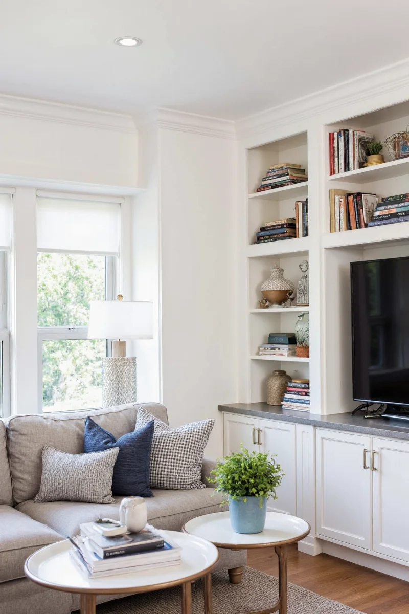 Gallery wall with built-in bookshelves