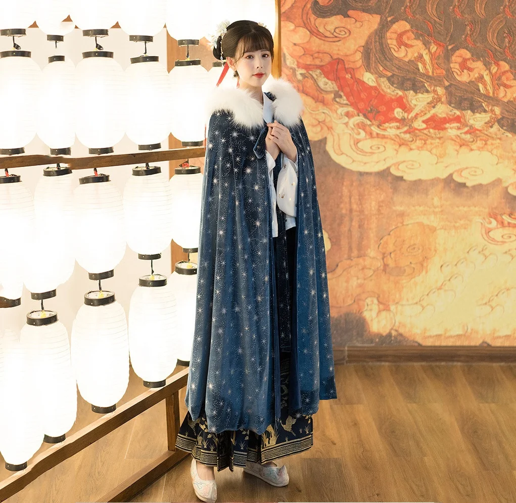 

Chinese Traditional Clothes Hanfu Women's Winter Thick Warm Cape Coat Cloak Chinese Costume For Women, Blue