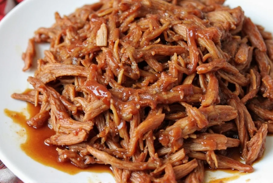 Perfectly cooked Dr Pepper pulled pork with tender shreds and glossy sauce