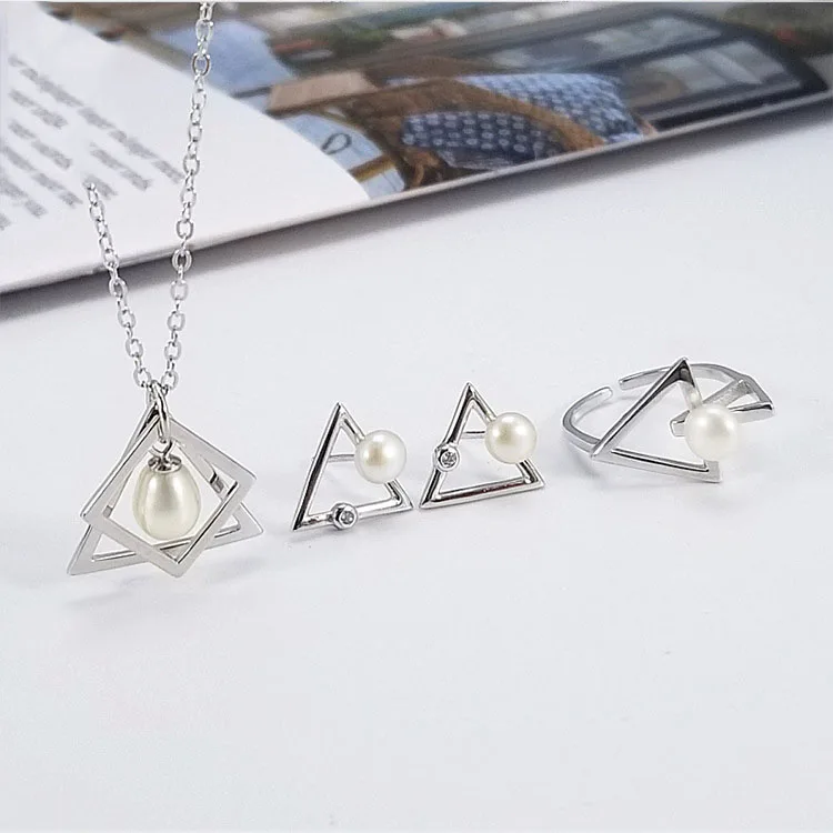 

Wholesale Geometric New Necklace And Earring Accessories Women 925 Sterling Silver Pearl Jewelry Set, White