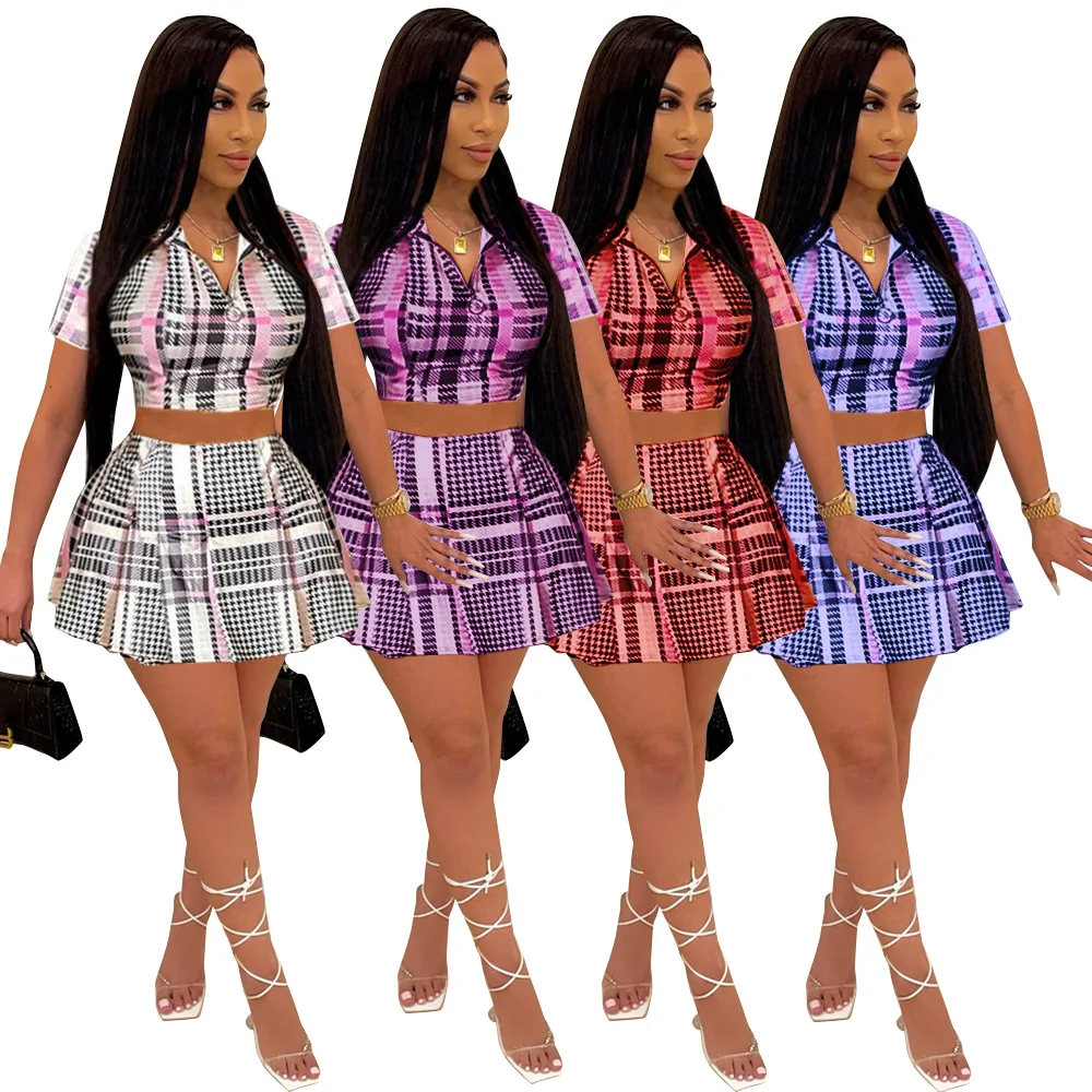 

MD-20062204 2022 Suit Skirt Summer Sets Plaid Casual Sexy Short Sleeve Two Piece Skirt Set 2 Piece Skirt Set, Pink,yellow,red,light green