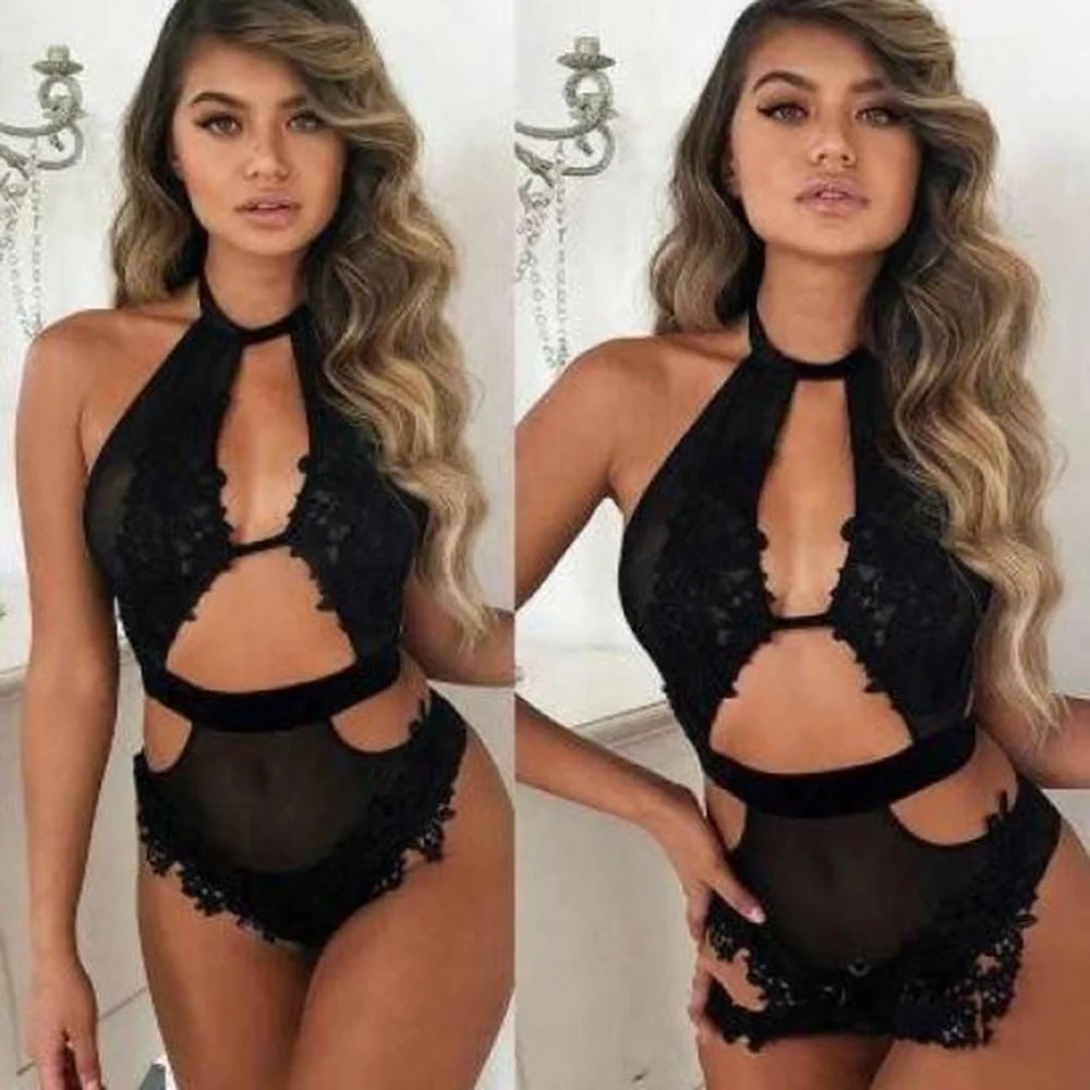 

sfy1047 Transparent Mesh One-piece Bodysuit Women Lingerie Sexy Hot, Black