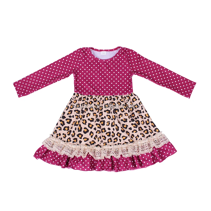 

Fashion Style Leopard Print Long Sleeve Girl Polka Dot Clothing Wholesale Children Dress With Lace, Picture