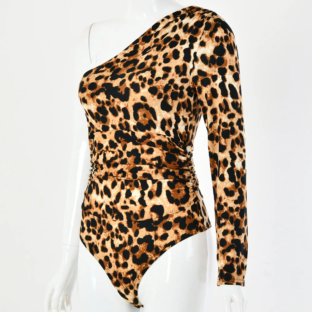 Leopard Printed Bodysuit For Women Sexy Bodycon Body Suit One Shoulder Long Sleeve Jumpsuits 9956