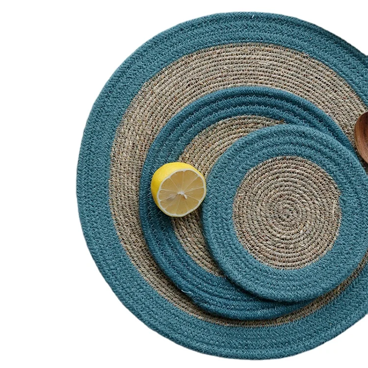 

Custom Size Round Braided Natural Waterproof Heat Resistant Mat Pad Straw Woven Dining Table Mat Set Placemats