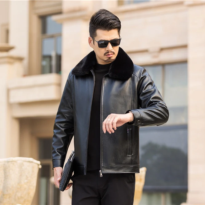 Thickening middle-aged and elderly men WINTER fur collar PU leather jacket with fleece dad's leather coat