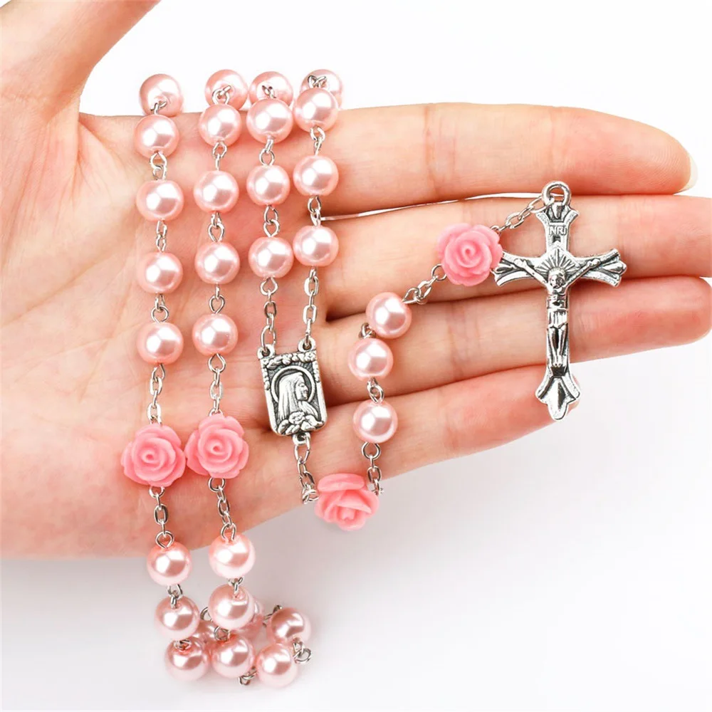

Pink 6MM glass imitation pearl rose Christ cross Catholic Rosary necklace Virgin Mary religious necklace, Picture