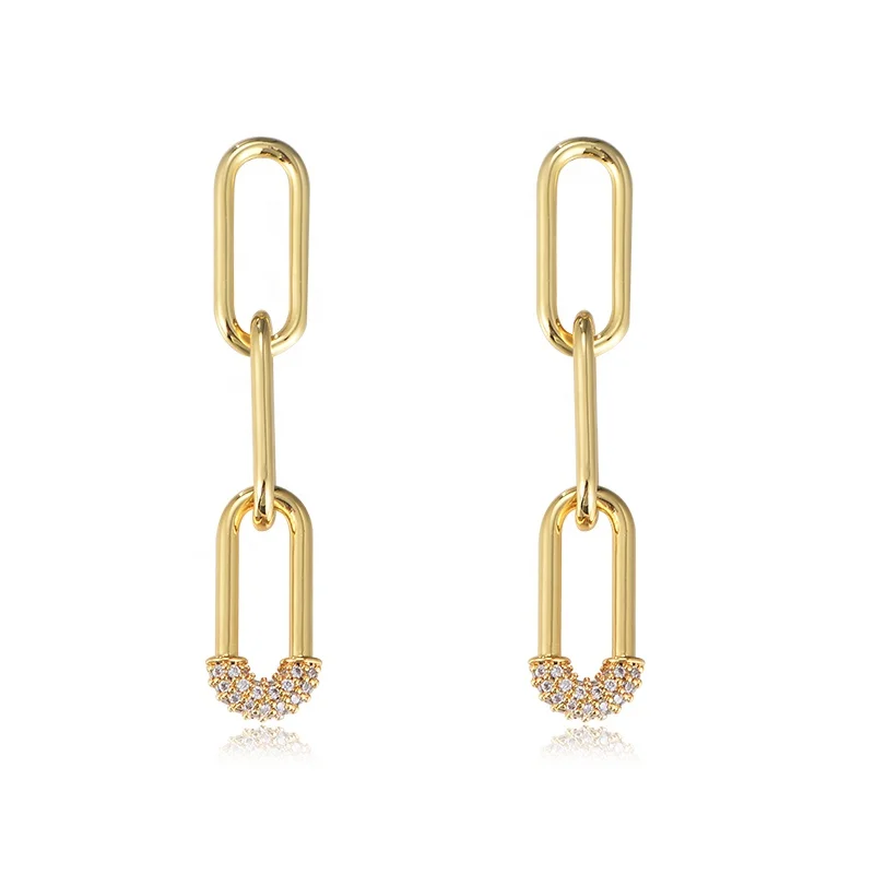 

Wholesale Ins Design minimalist Link Chain drop earrings 18K Gold Plated Jewellery CZ gold vermeil Paper clip Earrings for women