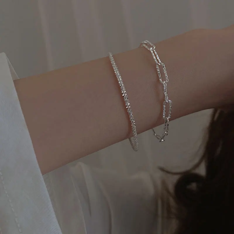 

2 Designs Water Wave PaperClip Chain Bracelet Thin Shiny Hollow Bracelets for Women Plain Minimalist 925 Sterling Silver Jewelry